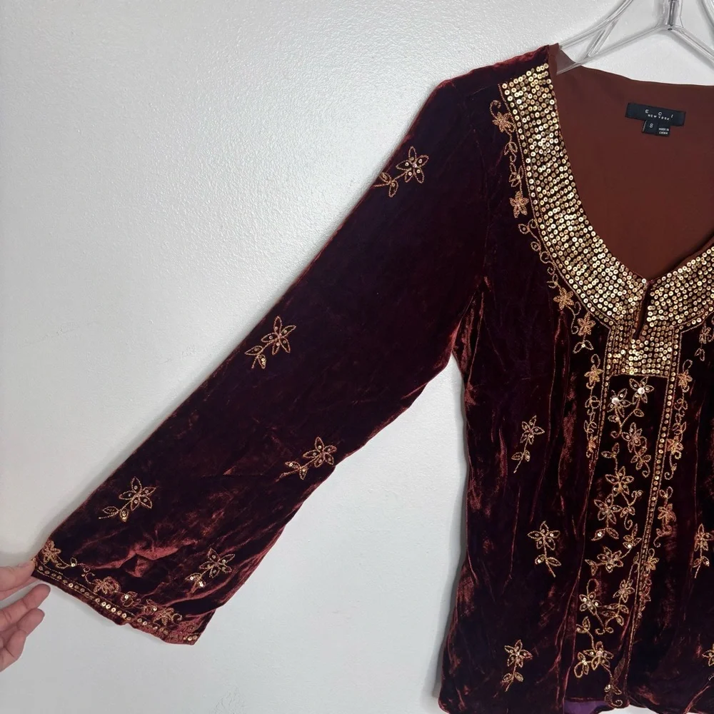 Eci New York Velvet Sequin Embellished Top Size 8 Wine Boho - Picture 6 of 13